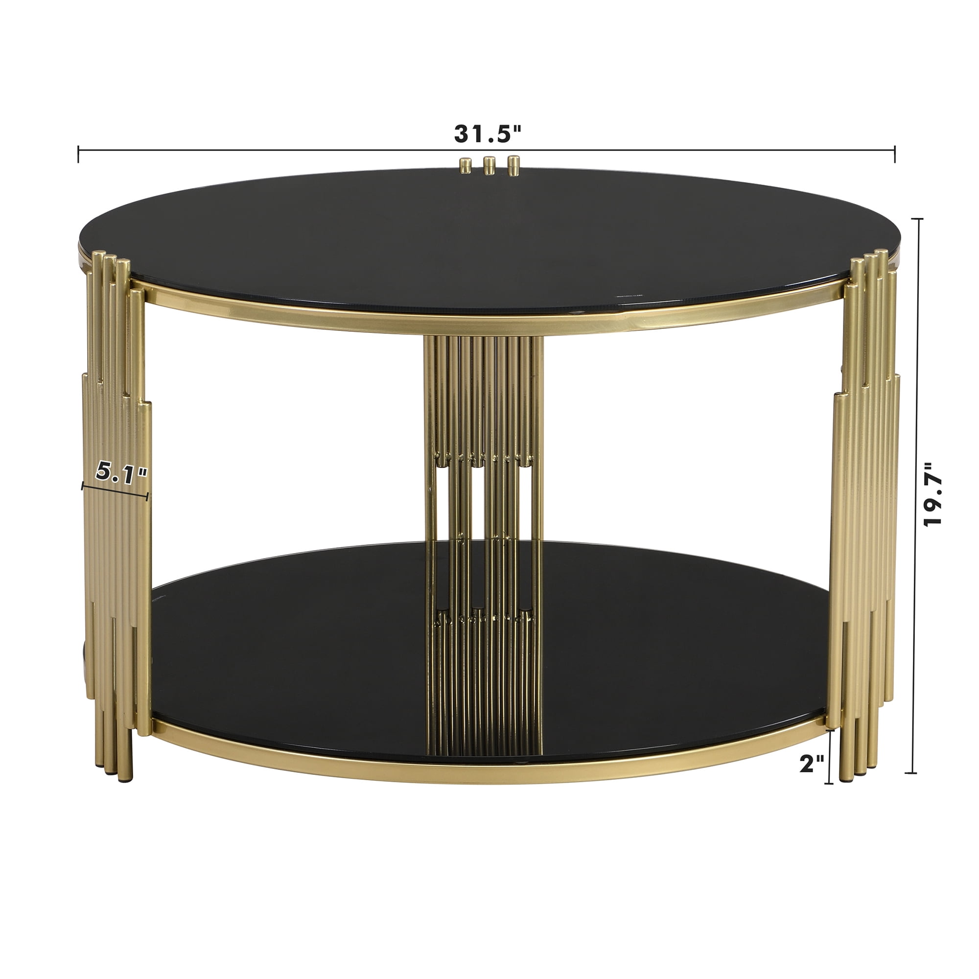 Aukfa Modern Round Tempered Glass Coffee Table, 2-Tier Center Table with Golden Metal Frame for Living Room, Black