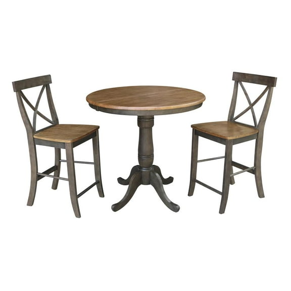 36" Round Wood Extension Counterheight Table and 2 Stools in Hickory/Washed Coal