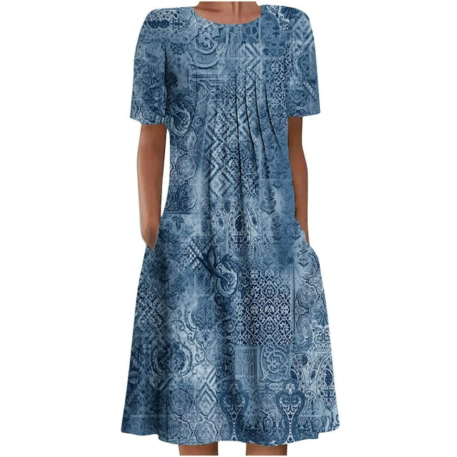 QIPOPIQ Robes Midi pour Femmes à Étages à Manches Courtes Robes Décontractées Col Rond Robe d'Été Robes Pliantes à Imprimé Offres 2023