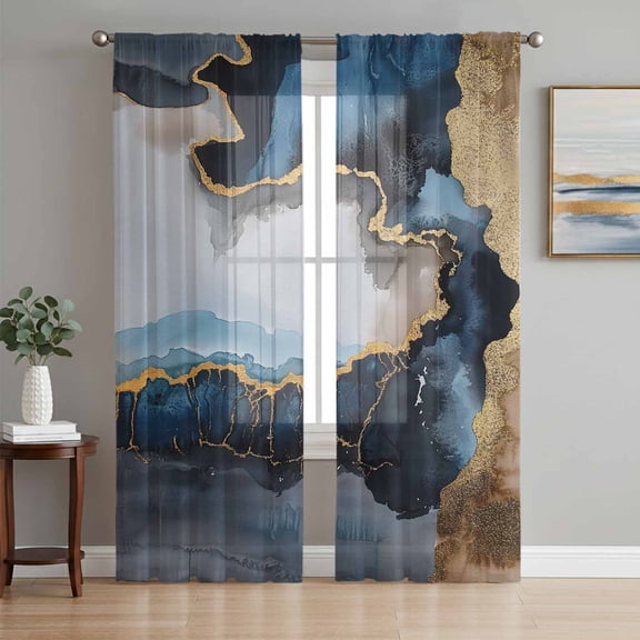 Navy Blue Semi Sheer Curtains 72 Inch Length 2 Panels Set, Abstract Color Block Vintage Modern Sheer Kitchen Curtain Privacy Voile Window Curtain for Living Room Bedroom Rod Pocket Drapes