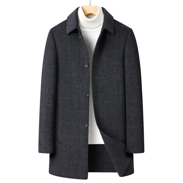 Abrigo de lana de doble cara para hombre, largo medio, informal, cuello de traje de lana, forro de plumón de pato, chaqueta cálida y ajustada