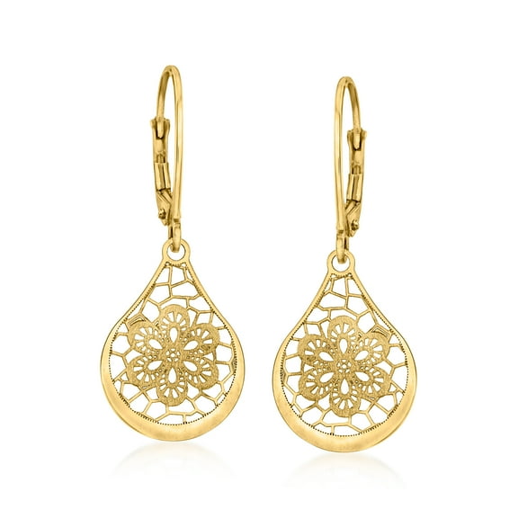 Ross-Simons Italian 14kt Yellow Gold Openwork Floral Lace Teardrop Earrings, Women's, Adult
