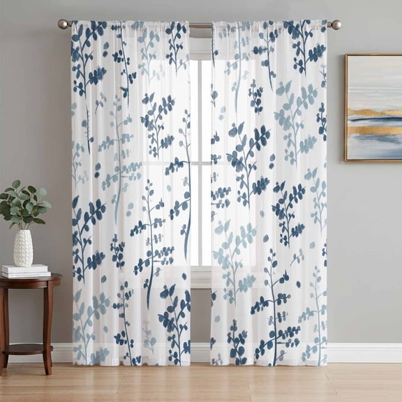 Blue Botanical Sheer Curtains 84 Inch Length 2 Panels Set, Watercolor Spring Floral Summer Leaf Voile Window Treatment Rod Pocket Curtains Sheers Drapes for Bedroom/Living Room/Kitchen 52"x84"x2