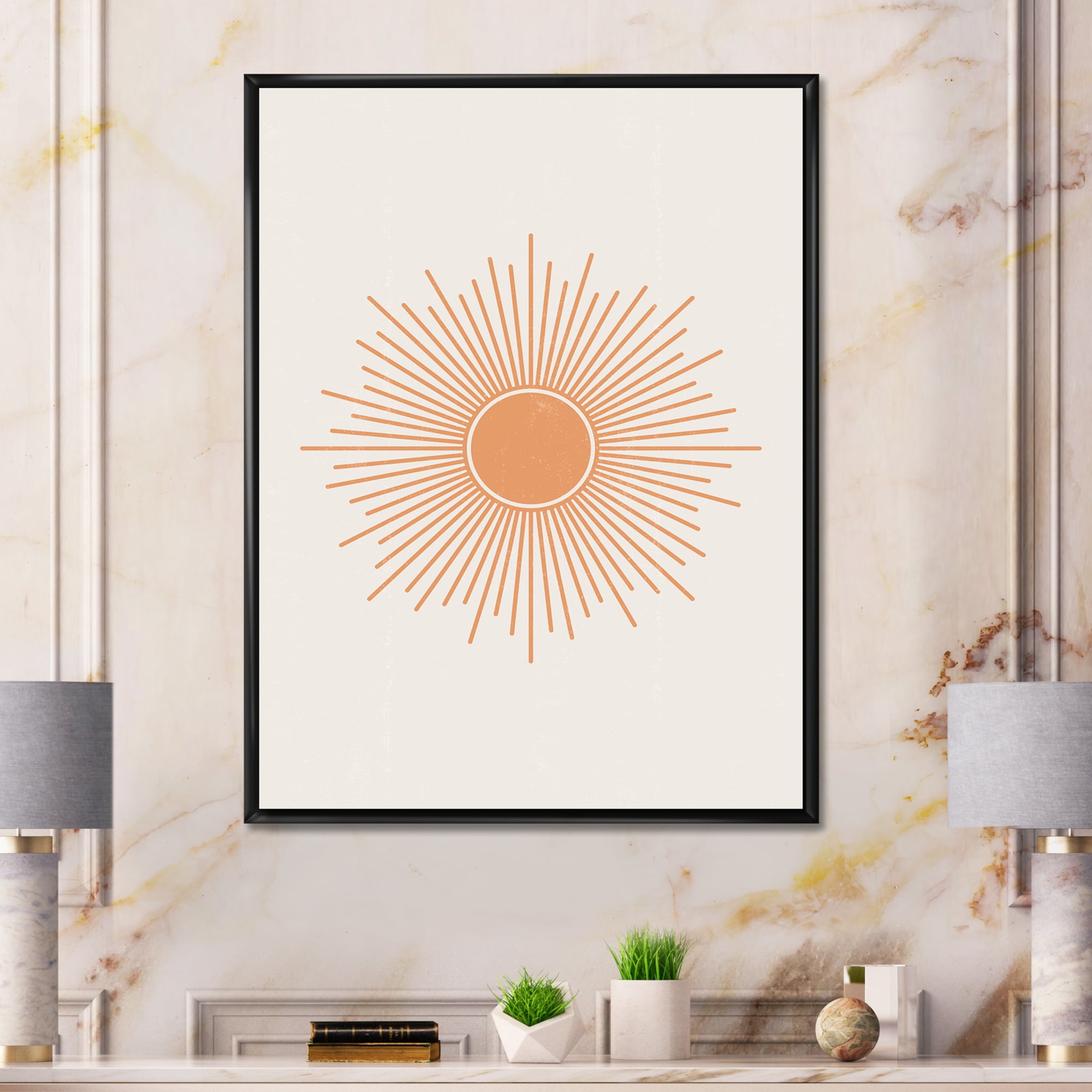 Designart 'Minimal Bright Shining Orange Sun Rays III' Modern Framed Canvas Wall Art Print