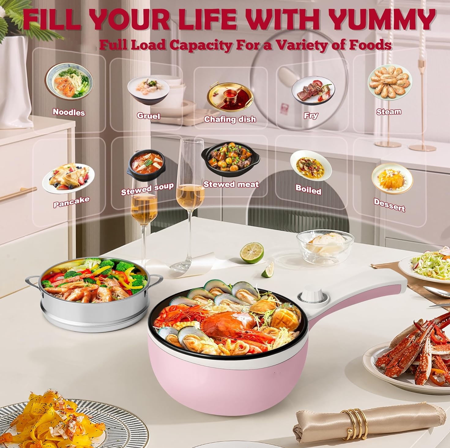 1.8L Non-Stick Electric Hot Pot with Steamer, Ramen Cooker with Dual Power Control Mini Hot Pot for Pasta, Dumplings, Soup, Steak, (Rotary Switch) Blue