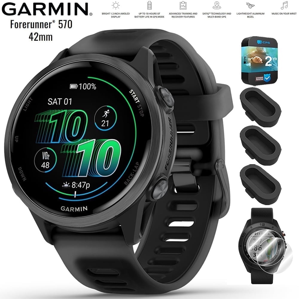 Garmin 010-02970-00 Forerunner 570 42mm GPS Smartwatch, Aluminum/Black, Screen Protectors, Dust Covers & 2-Year CPS Bundle