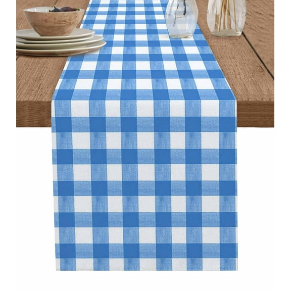Table Runners 48 Inches Long Dress Scarves, Blue Farmhouse Kitchen/Dining Table Runner, Short Coffee Tablerunners, Country French Rustic Buffalo Plaid Modern Art 13x48 Inch