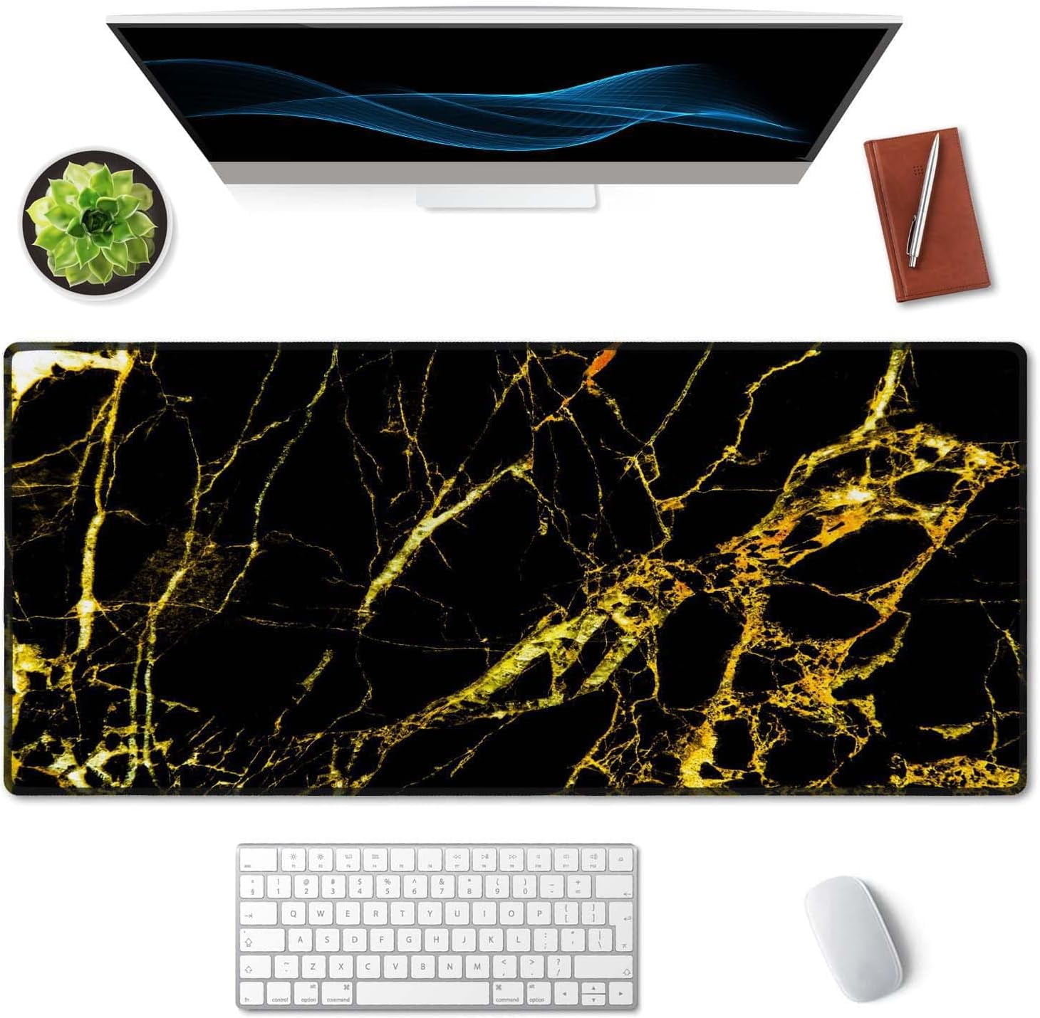 Extended Mouse Pad, XXL Gaming Mouse Pads, Large Big Mousepad Laptop Computer Keyboard Mat Desk Pad with Non-Slip Base Stitched Edge for Gaming Office, 35.5 x 15.7 inch, Gold Marble