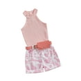 thumbnail image 1 of xiaxaixu Kids Girl Summer Outfits Solid Color Ribbed Knit Halter Tank Tops Camouflage Shorts Belt Bag 3Pcs Clothes Set, 1 of 8