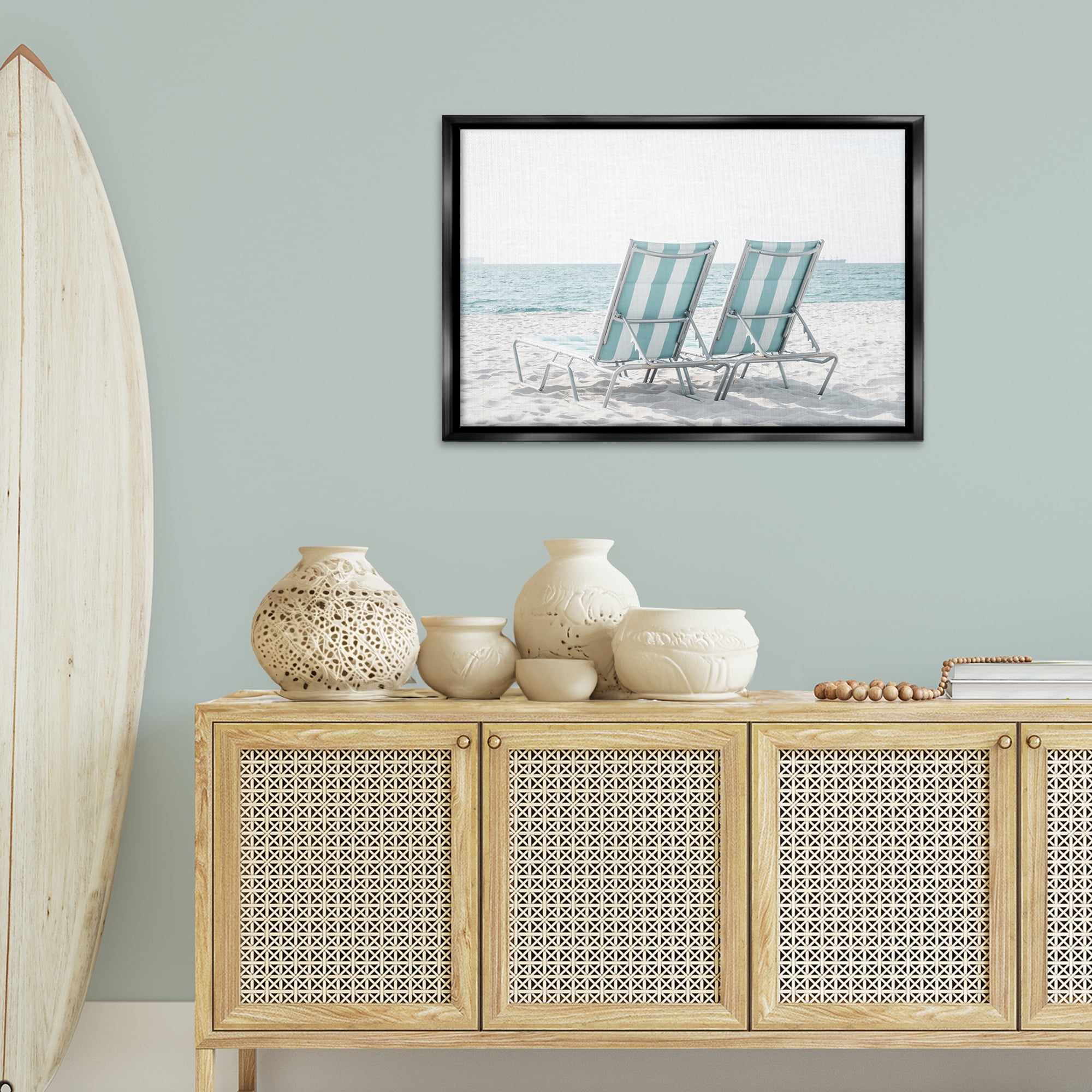 Stupell Industries Blue Beach Chairs Pair Nautical & Beach Photography Black Floater Framed Canvas Art Print Wall Art, 31 x 21