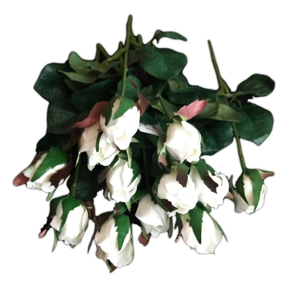 Set of 12 Artificial WHITE ROSE BUD STEMS, 8.5" Long, by LarkSilk