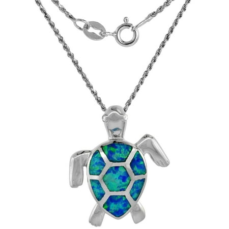 Sterling Silver Synthetic Opal Sea Turtle Necklace for Women CZ Eyes Hand inlay 18 inch ROPH_25