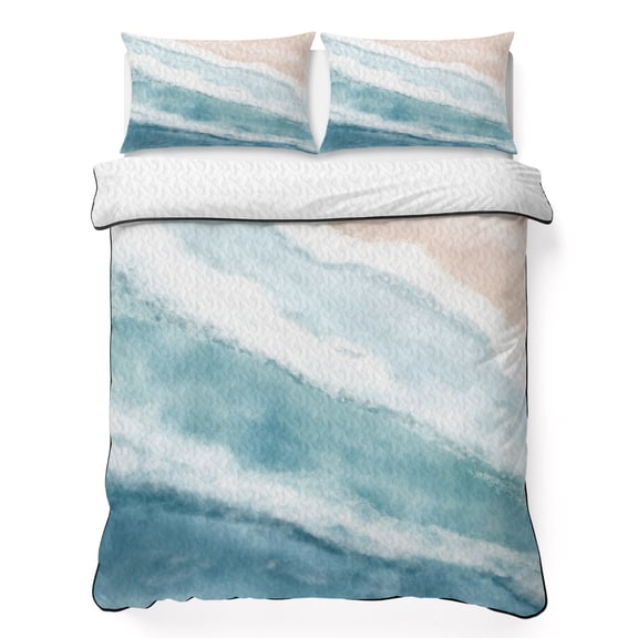 Twin XL Quilt Set 68''x98'', Ombre Blue Coastal Lightweight Bedspread Coverlet Set with 2 Pillow Shams, Summer Ocean Beach Gradient Waves Beige Breathable All Season Quilt Bedding for Dorm/Guest Room