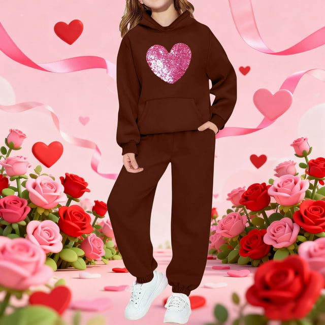 Conjunto de sudadera con capucha de manga larga para niños con estampado en forma de corazón y pantalones deportivos con lazo en las piernas, conjunto deportivo informal de dos piezas para niños, poli