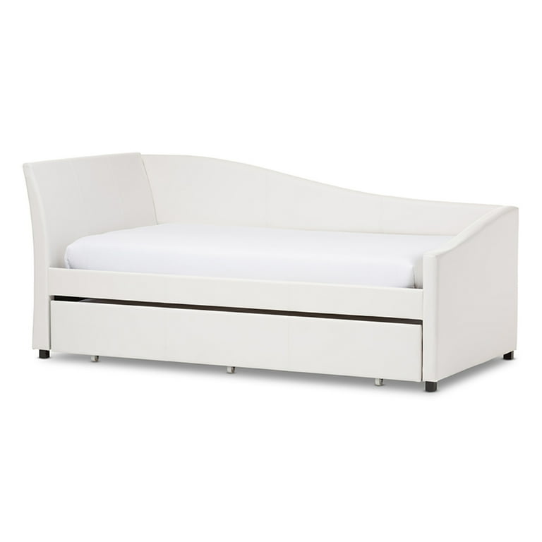 Baxton Studio Vera Modern and Contemporary White Faux Leather Upholstered Curved Sofa Twin Daybed with Roll-Out Trundle Guest Bed Baxton Studio Vera Modern and Contemporary White Faux Leather Upholstered Curved Sofa Twin Daybed with Roll-Out Trundle Guest Bed
