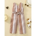 thumbnail image 2 of Little Girl's Jumpsuit, V Neck Sleeveless Stripe Print Bowknot Belted One Piece Long Playsuit, 2 of 8