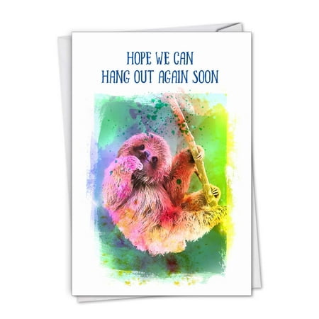 Funky Rainbow Sloth: Get Well Greeting Card Presenting Colorful Creatures Hanging Around, with Envelope.