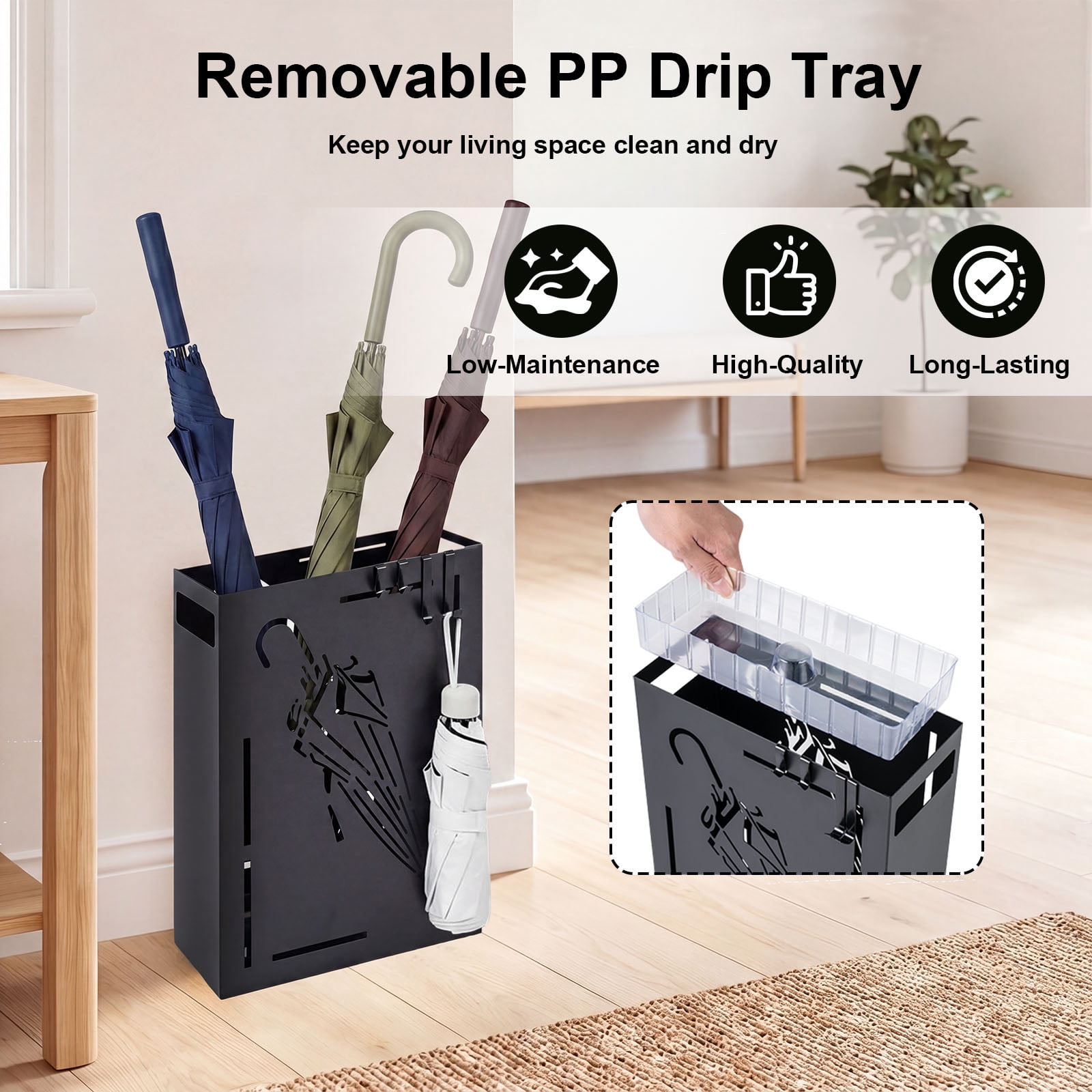 Costway Metal Umbrella Stand with Removable Drip Tray and 4 Hanging Hooks,Cutout Design