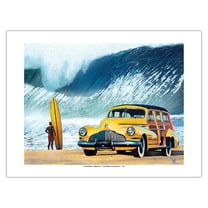 Buttercup Beauty - Retro Woodie Car on Beach with Big Wave Surfer - From an Original Color Painting by Scott Westmoreland - Bamboo Fine Art 290gsm Paper Print (Unframed) 24x32in