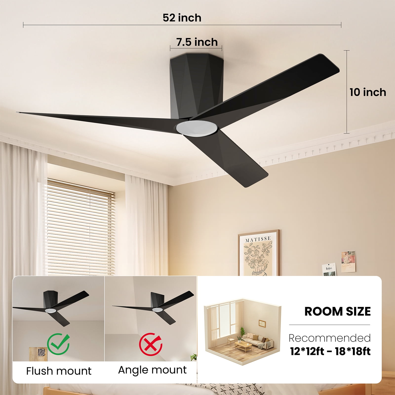 52 Inch Black 3-Blade Modern Ceiling Fan with 3CCT Dimmable LED Light, Reversible DC Motor, Remote & 1H Timer for Bedroom Living Room Kitchen