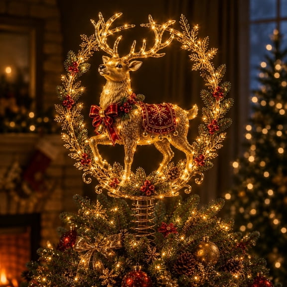 3D Lighted Christmas Tree Topper Collection, Reindeer Tree Topper, LED Warm White Twinkling Lights, Indoor Home Decor, Vintage Holiday Ornament