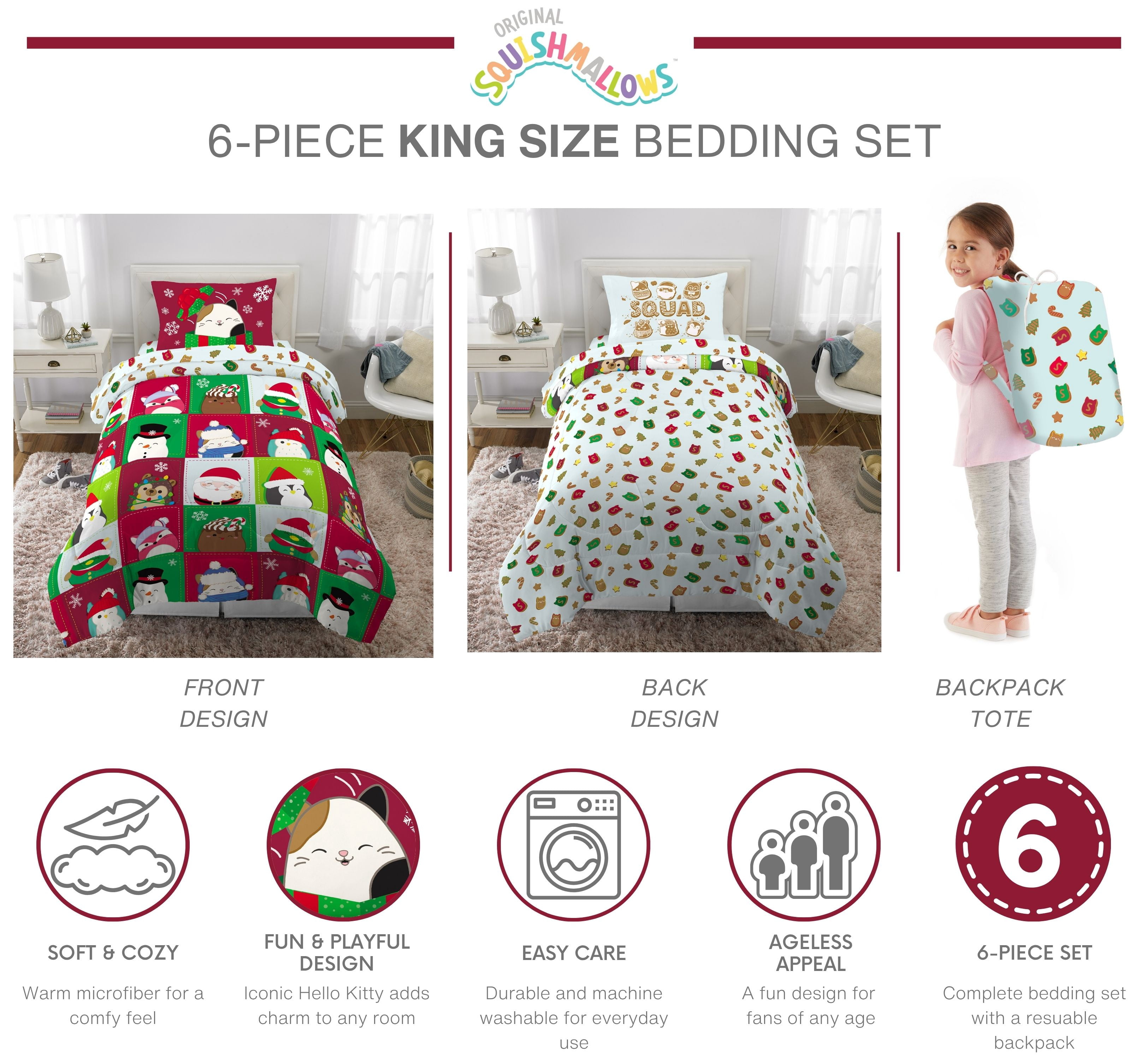 Squishmallows Holiday Kids 6 Piece Reversible Comforter, Pillowcase, Sheet Set, and Backpack, King