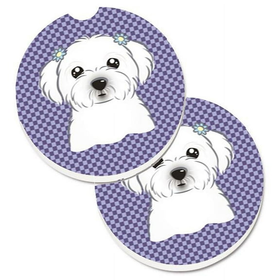 Purple Checkered Maltese Set of 2 Cup Holder Car Coaster
