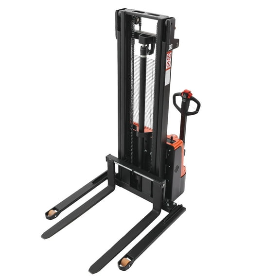 KFFKFF Electric Pallet Stacker with Adjustable Forks, 3300 lbs Load Capacity, Straddle Legs, 127.6-Inch Lift Height, Orange & Black