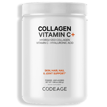 Codeage Collagen Peptides Powder, Type 1 & 3 Grass-Fed Bovine, Vitamin C, Enzymes, Hyaluronic Acid, 9.98 oz