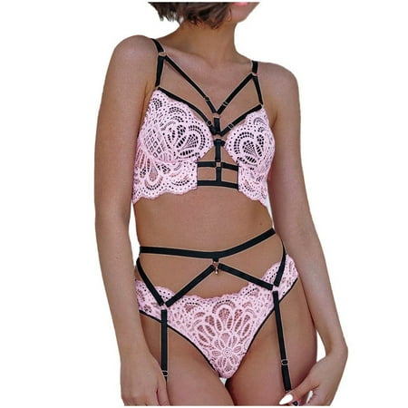

RPVATI Women Sexy Lingerie Set with Garter Plus Size Lace Sleepwear 3 Piece Strappy See Through Bra and Panty Set