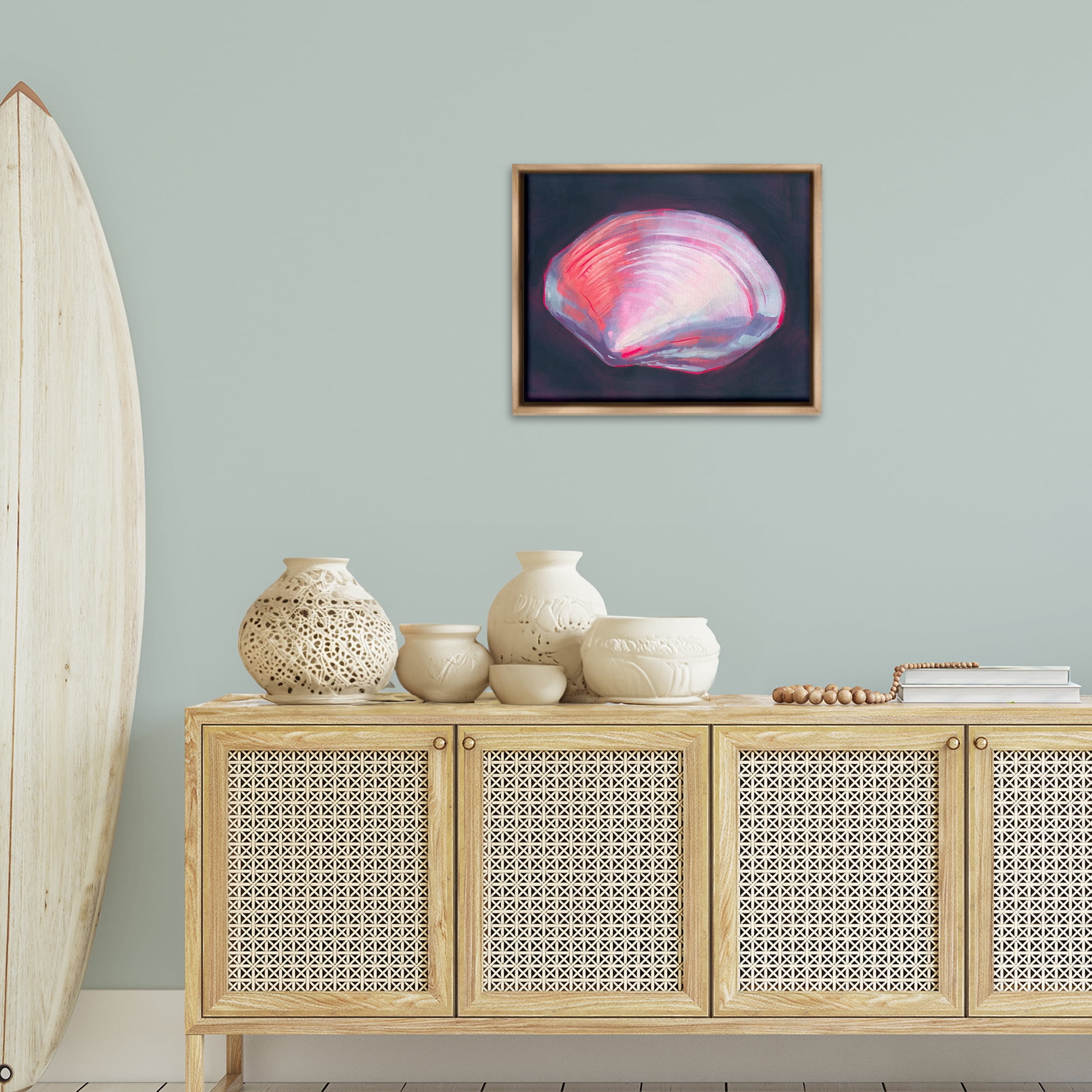 Stupell Industries Pink Clam on Black Animals & Insects Painting Brown Floater Framed Canvas Art Print Wall Art, 21 x 17