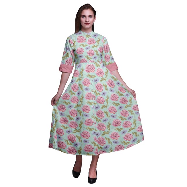 Bimba Robe Chemise Décontractée à Fleurs pour Femmes Imprimée Mi-Mollet Robe de Soirée-Petite