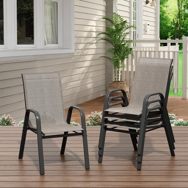 Stackable Patio Dining Chairs Set of 4 – High Back, All-Weather Textilene, Durable Metal Frame, Comfortable Outdoor Deck & Garden Seating – Black-Gray Spray Plastic & Gray 2x1 Textilene, 4 pieces