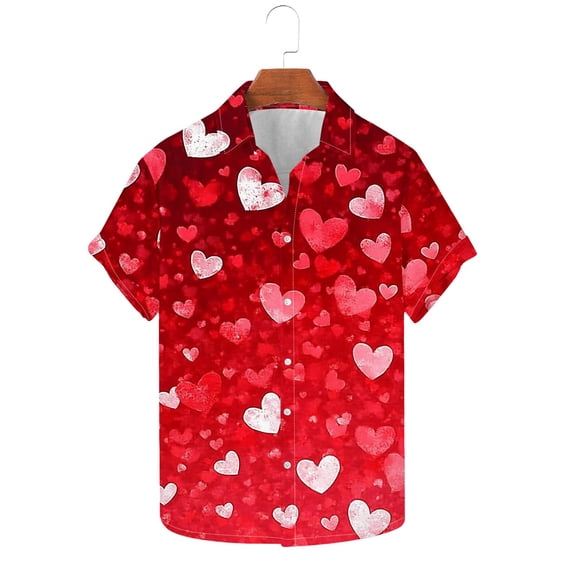 FAWUUDO Mens Casual Short Sleeve Valentines Shirt Button Down Collared Printed Graphic Romantic Holiday Summer Casual Wear Red L
