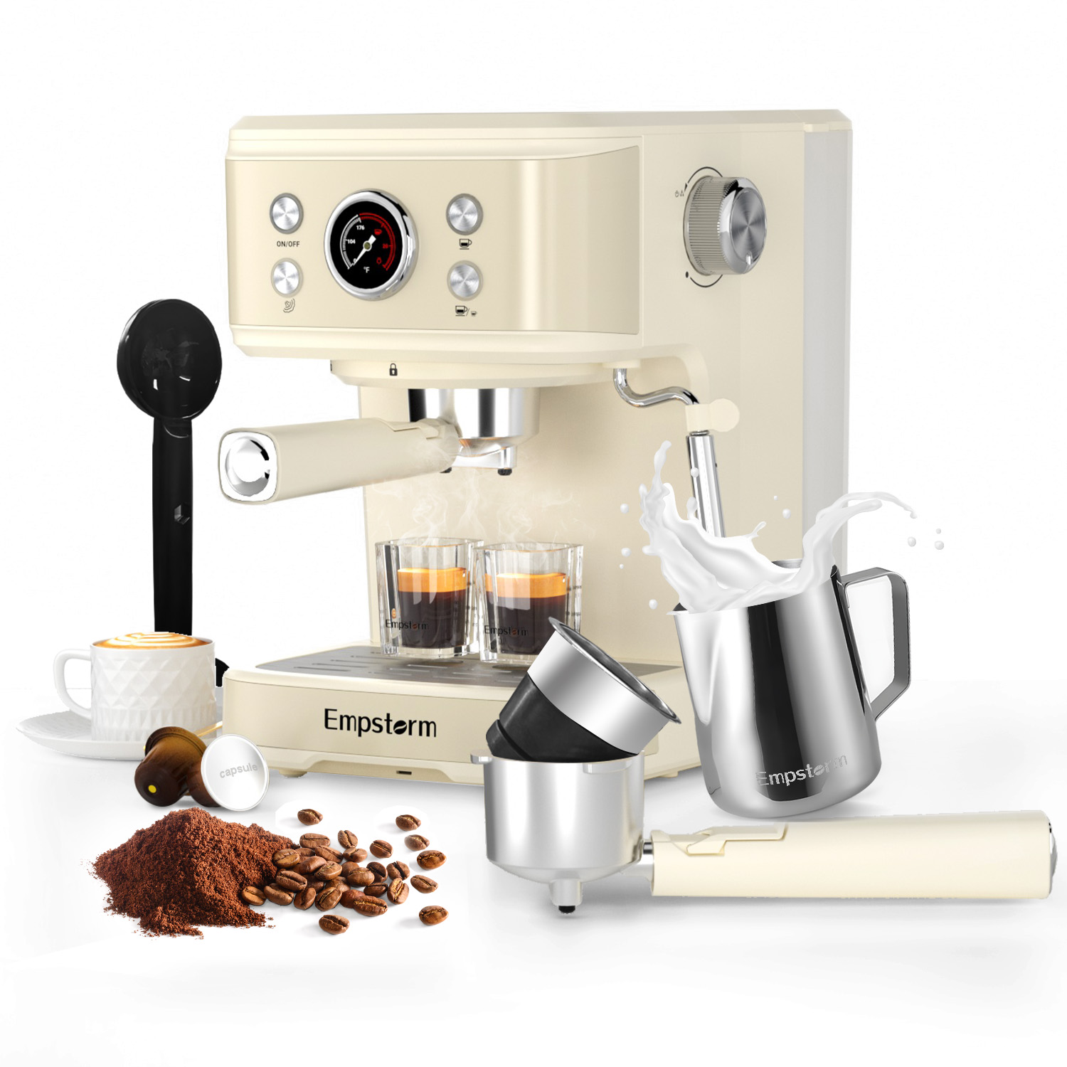 Empstorm 20 Bar Espresso Machine with Milk Frother Steam Wand, 3-in-1 Coffee Maker, Compatible with NS Pods, Stainless Steel, for Latte & Cappuccino, Beige