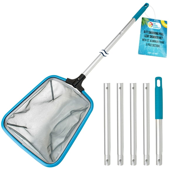 U.S. Pool Supply Swimming Pool 6-Foot Long Leaf Skimmer Net with 13" Aluminum Frame & Pole Sections - 5" Deep Ultra Fine Mesh Netting Bag Basket for Fast Cleaning of the Finest Debris, Clean Spas