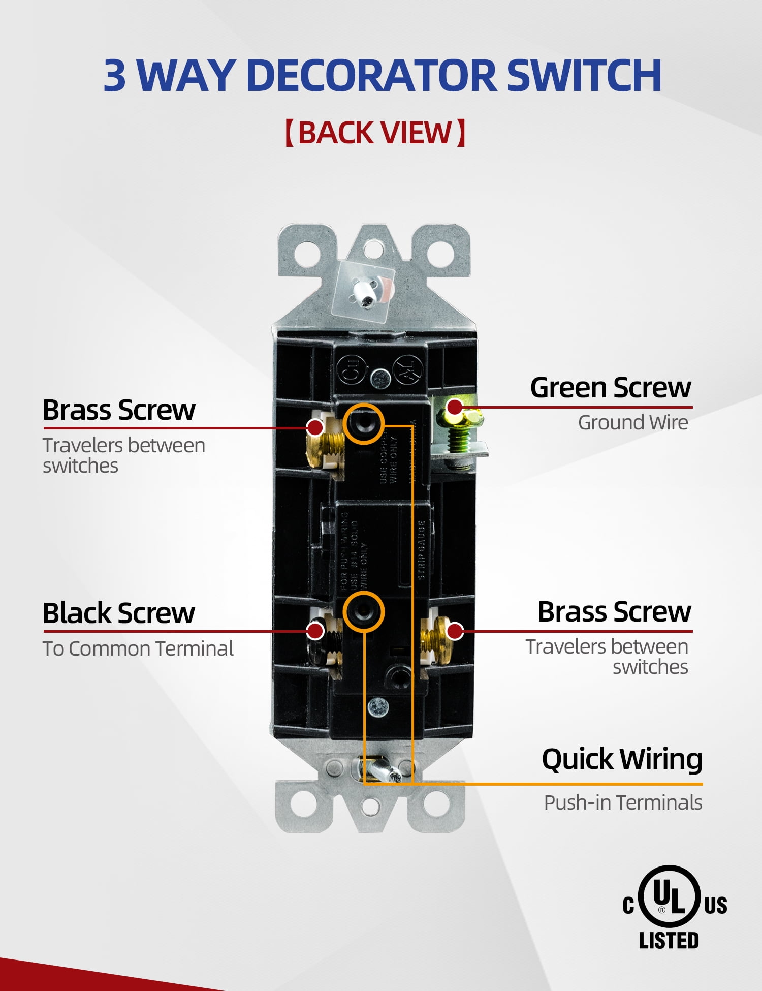 AIDA 3 Way Rocker Decorator Paddle Light Switch, Single Pole or Three Way, 3 Wire, Self-Grounding Screw, Residential Grade, 15A, UL Listed, Quick Push-in & Side Wired, White (10 Pack)