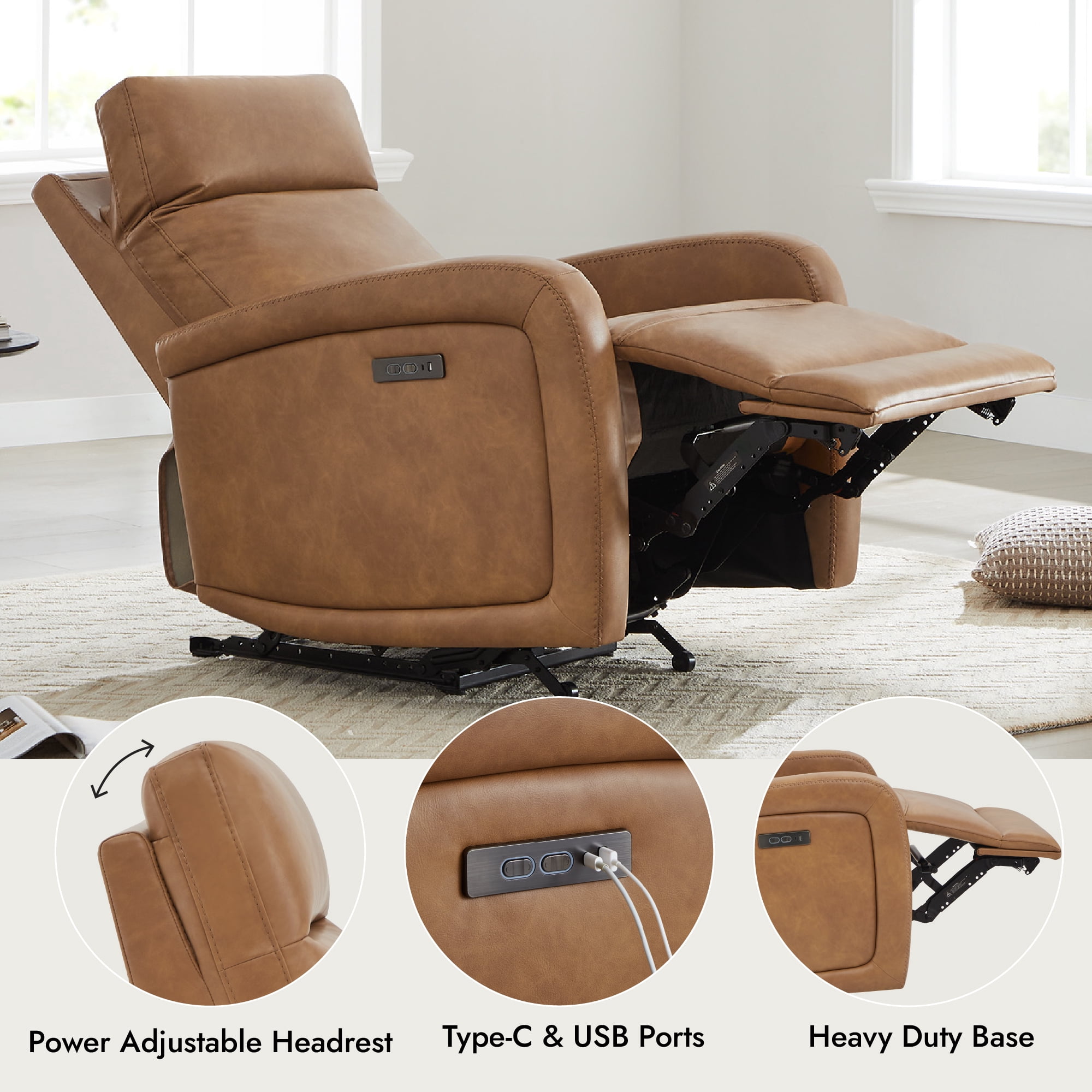 Spruce & Spring Zero Wall Hugger Power Recliner for Compact Spaces, Cognac-Faux Leather