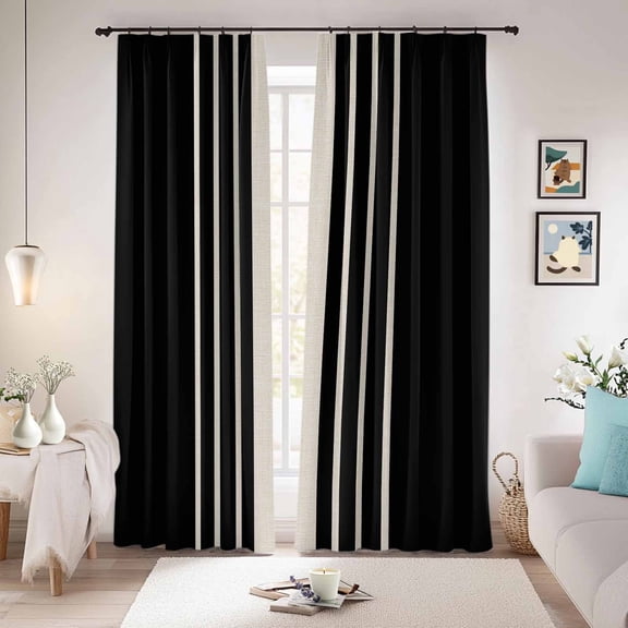 Black Beige Striped Blackout Curtains for Bedroom/Living Room, Pinch Pleated Black Out Curtains, Modern Farmhouse Retro Lines Room Darkening Window Drapes with Hooks 2 Panels, 59"x70"