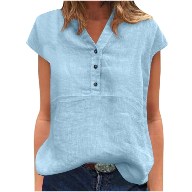Tops transpirables sólidos de manga corta con cuello en V a la moda para mujer Fridja hjk4473