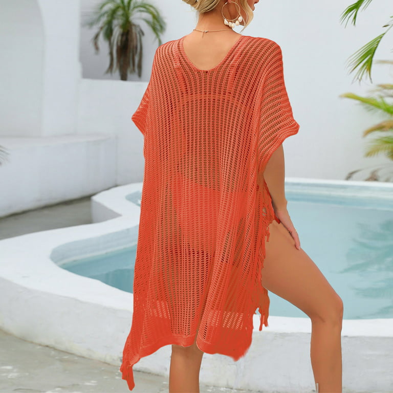Wycnly Dresses for Women 2024 Beach Hollowed Loose Swimsuits Bikini Cover  Ups Dresses Short Sleeve V-Neck Solid Summer Mini Sun Dress Orange One Size