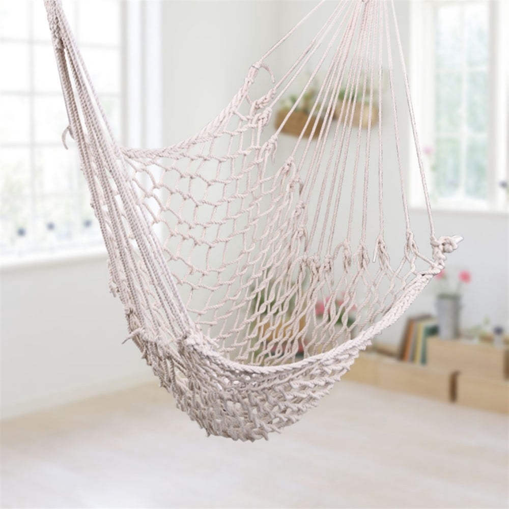 IVV Outdoor Swing Chair - Hanging Hammock Reading Chair - Soft Cotton Rope w/ Wood Stretcher - 250lbs Weight Capacity, Beige