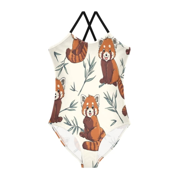 Girls' One-piece Swimsuit Cross Back Bathing Suit Beach Surfing Sizes 3T-10T Red Panda Pattern