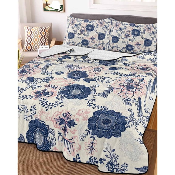 Navy Blue Floral King Size Down Alternative Comforter,Lightweight Comforter Quilt Bedding Set with Pillow Shams Vintage Watercolor Botanical Flower Leaf Bed Comforter Duvet Insert 96"x106"