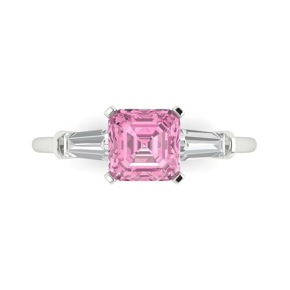 1.62 ct Square Emerald Cut Simulated Pink Diamond 3 Stone 18K White Gold Womens Engagement Ring