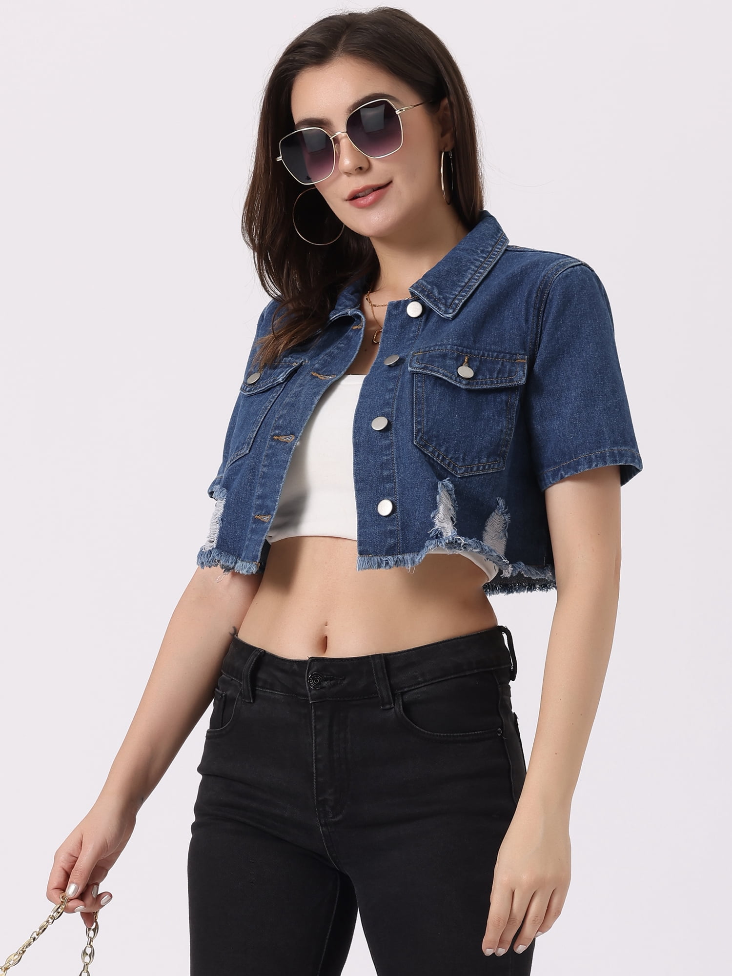 DARING DIVA Women's Collared Frayed Jean Denim Crop Jackets M Blue