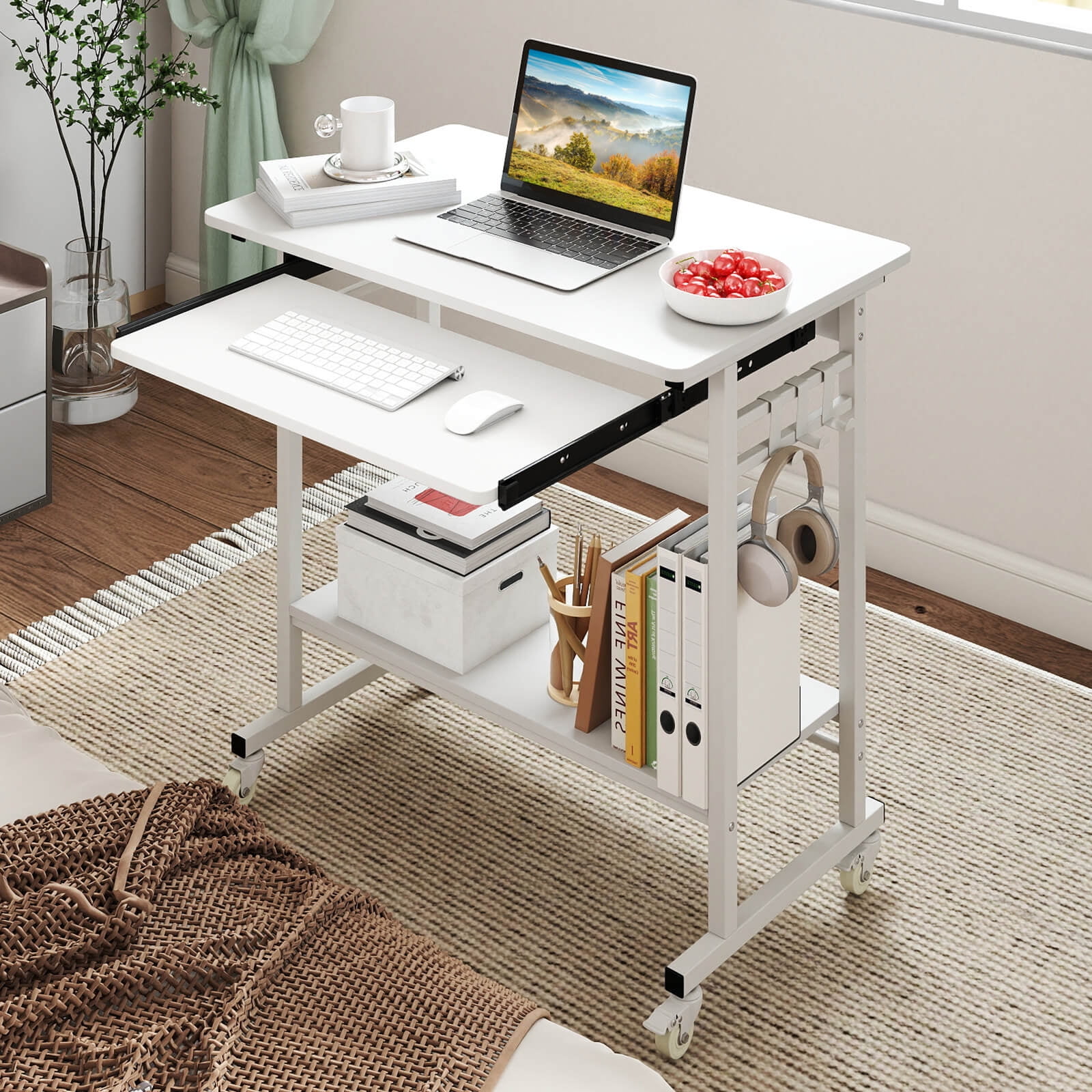 Costway Mobile Laptop Desk with Keyboard Tray, Lower Shelf, 3 Hooks, 4 Universal Wheels White