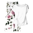 thumbnail image 4 of Guluxicc 2 Piece Women's Outfit Sets Short Sleeve Crew Neck Side Tie Top with Floral Print Wide Leg Pants Casual Lounge Matching Sets, 4 of 5