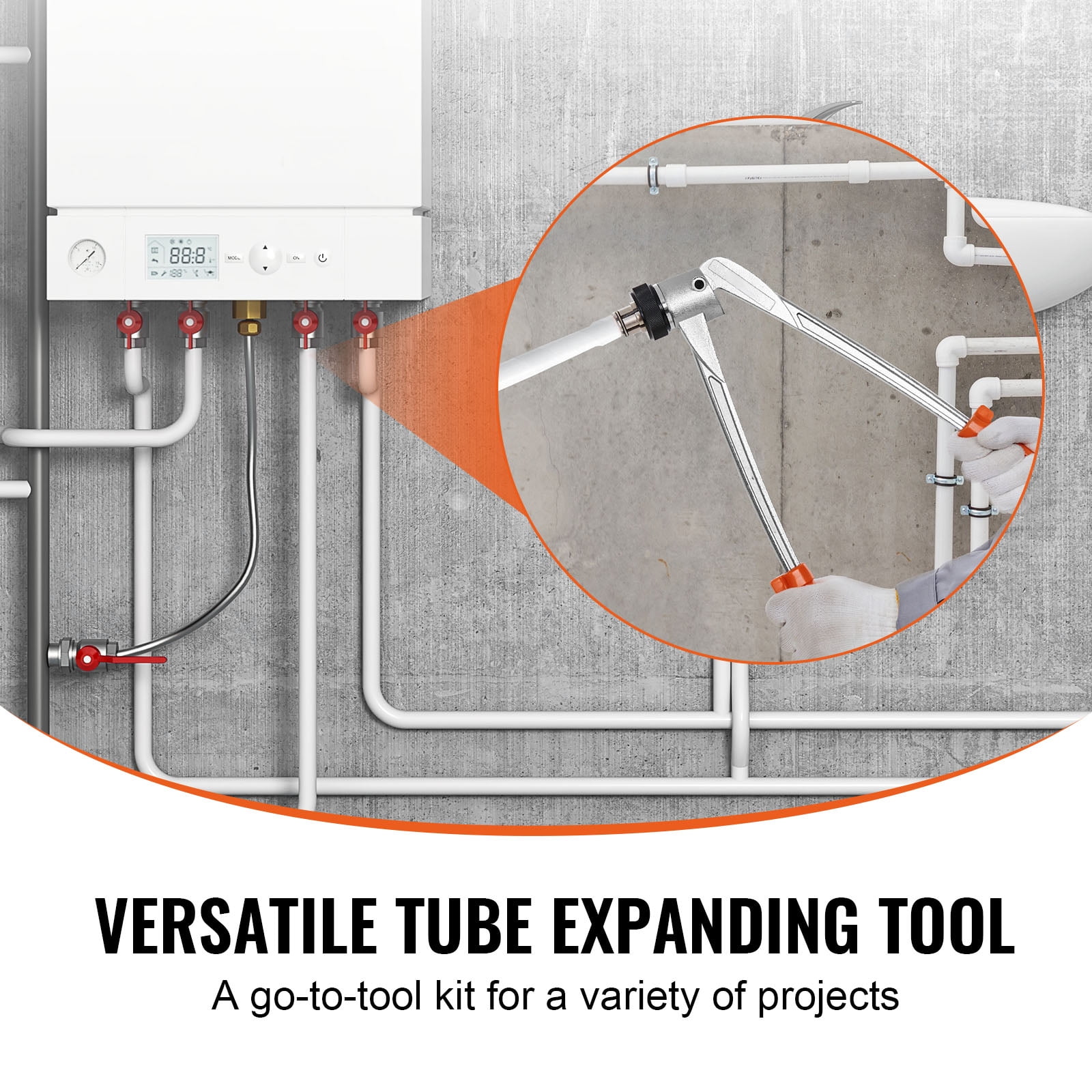 SKYSHALO Pipe Tube Expander, 1/2", 3/4", 1" OD Manual Lever PEX Tubing Expander, PEX Tools Expander with 3 Expander Heads, Pipe Cutter, Grease for PEX Tube and Copper Pipe
