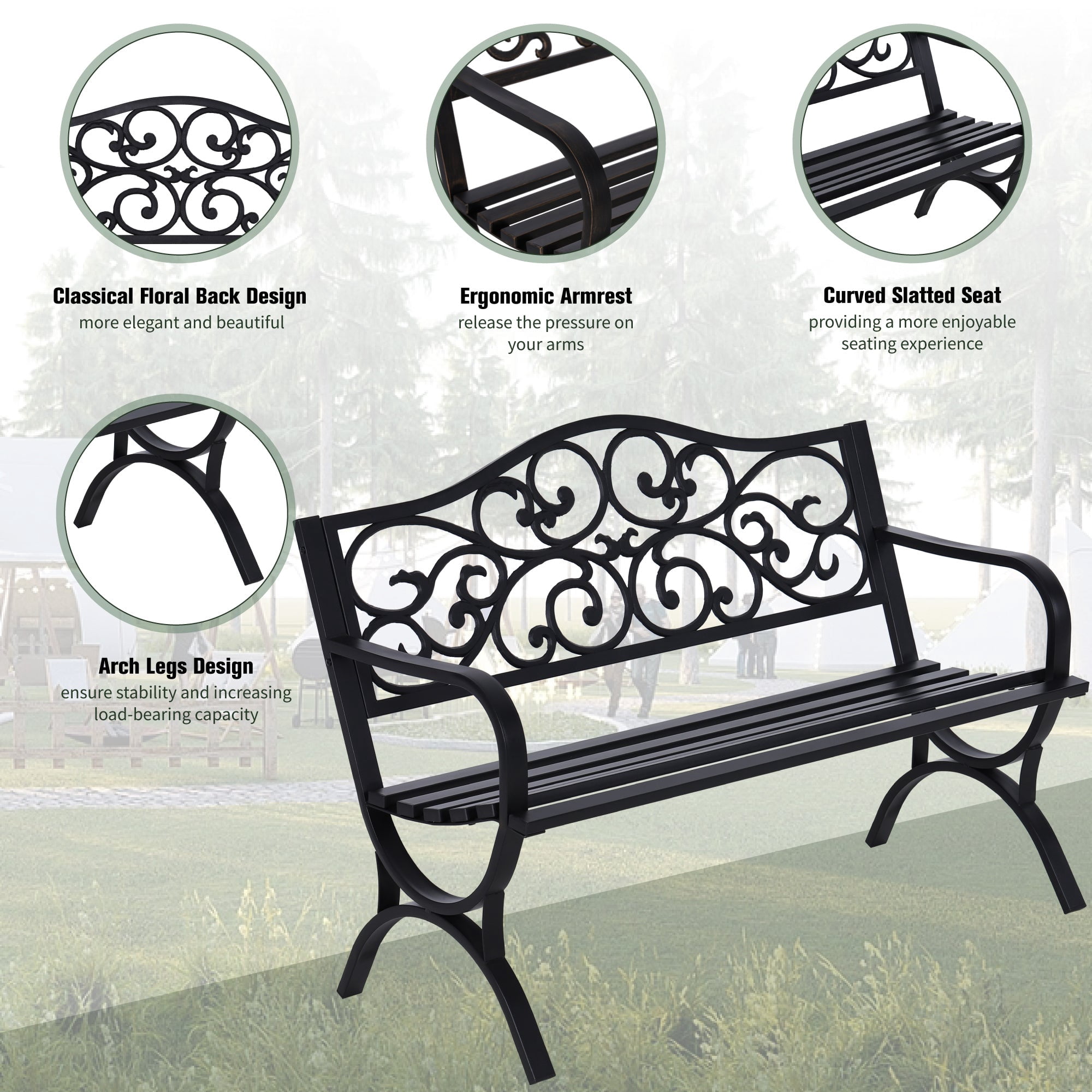 50" Outdoor Garden Bench Chairs, Cast Iron Metal Frame Patio Park Bench, Black